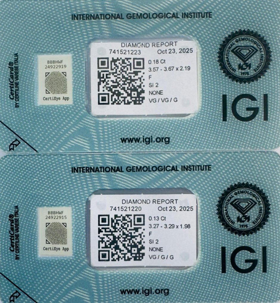 Nincs minimálár - 2 pcs Gyémánt (Természetes) - 0.31 ct - Kerek - F - SI2 - Nemzetközi Gemmológiai Intézet (IGI) - *Matching Pair* #1.0