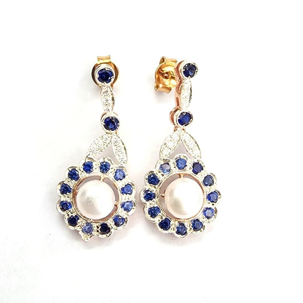 没有保留价 - 耳环 - 9 kt. 玫瑰金, 银 蓝宝石 - 钻石 #1.0