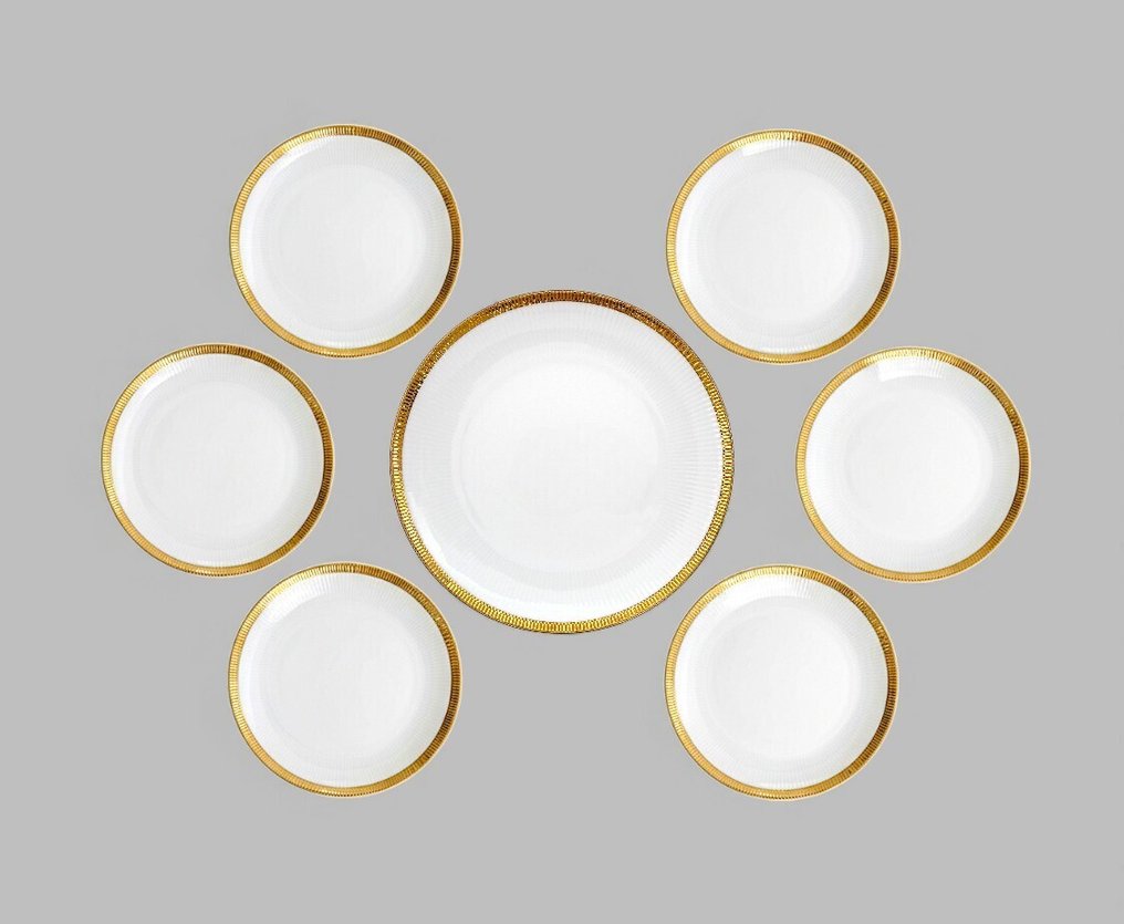 Seltmann Widen Bavaria - Dessert service (10) - 6 Piattini + Piatto da Portata con Set da Taglio per Dolce in Original Box Placcato Argento 800 - White porcelain with gold edges - Vintage 1960s #1.0