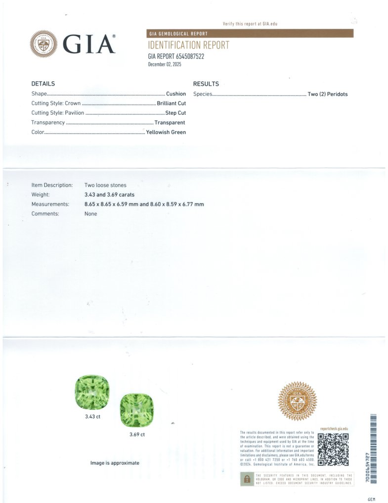 2 pcs  Peridot  - 7.12 ct - Gemological Institute of America (GIA) #2.1