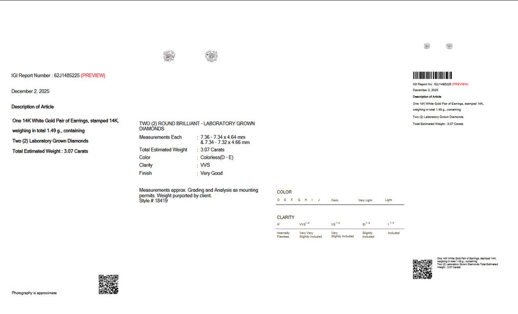Zonder minimumprijs - Oorstekers - 14 karaat Witgoud -  3.07ct. tw. Diamant (Lab-grown) - IGI Gecertificeerd #3.2