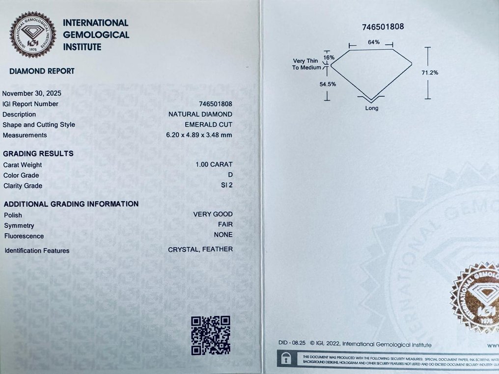 Nincs minimálár - 1 pcs Gyémánt  (Természetes)  - 1.00 ct - Smaragd - D (színtelen) - SI2 - Nemzetközi Gemmológiai Intézet (IGI) #3.2