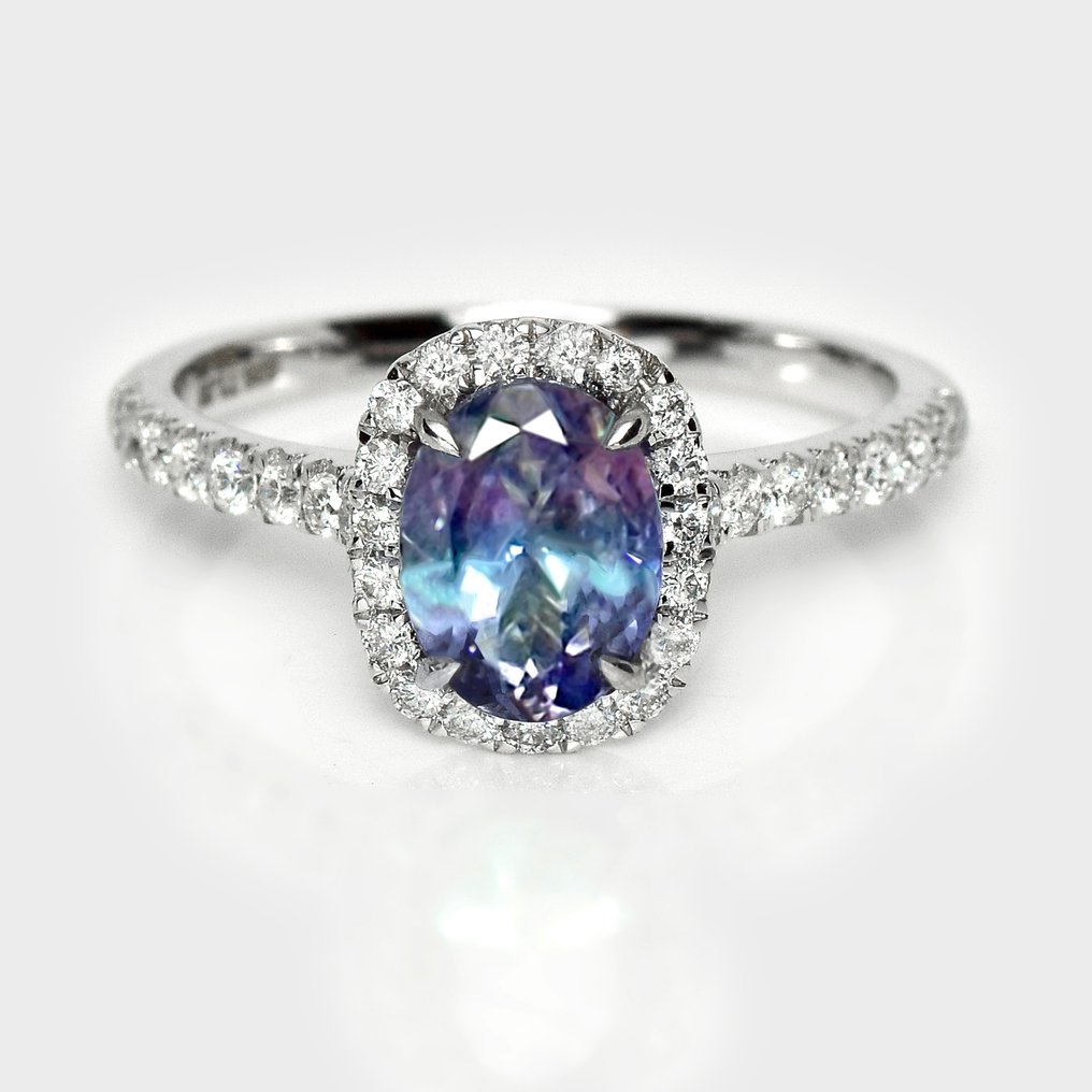 没有保留价 - 戒指 - 14K包金 白金, HRD 1.33 克拉 浓烈的蓝色 - 1.75ct. tw. 坦桑石 - 钻石 #1.0