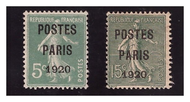 Frankrike 1920/1922 - Forhåndsstemplet Paris postkontor 1920–21 og fransk postkontor 1921, autentiske overtrykk. Ekspert: - Yvert n°24/25 , 30, 32 & n°33 , Forte Cote Yvert // Voir photos & déscriptif. #1.0