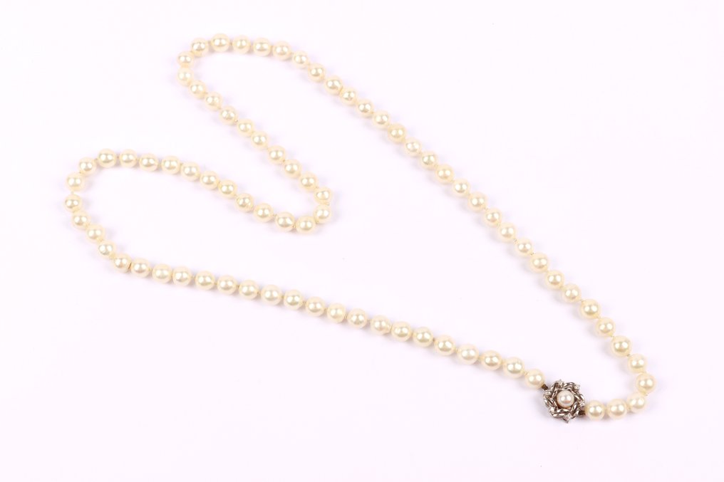 Κολιέ - 14 καράτια Λευκός χρυσός Μαργαριτάρι - Διαμάντι - Κλασικό άνθος δεκαετίας του 1950. #4.3