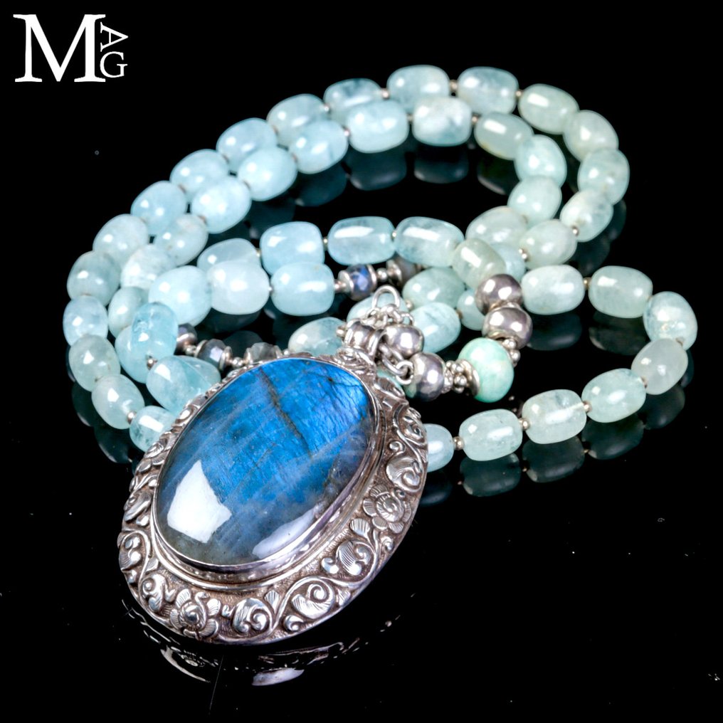 Ακουαμαρίνα - Larimar - Labradorite - Εξαιρετική Χειροτεχνία Ασημένιου - Κοσμήμα Απίστευτης - Ύψος: 520 mm - Πλάτος: 48 mm- 163 g #3.2
