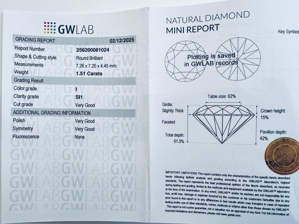 No Reserve Price - 1 pcs Diamond  (Natural)  - 1.51 ct - Round - I - SI1 - Gemewizard Gemological Laboratory (GWLab) #3.2