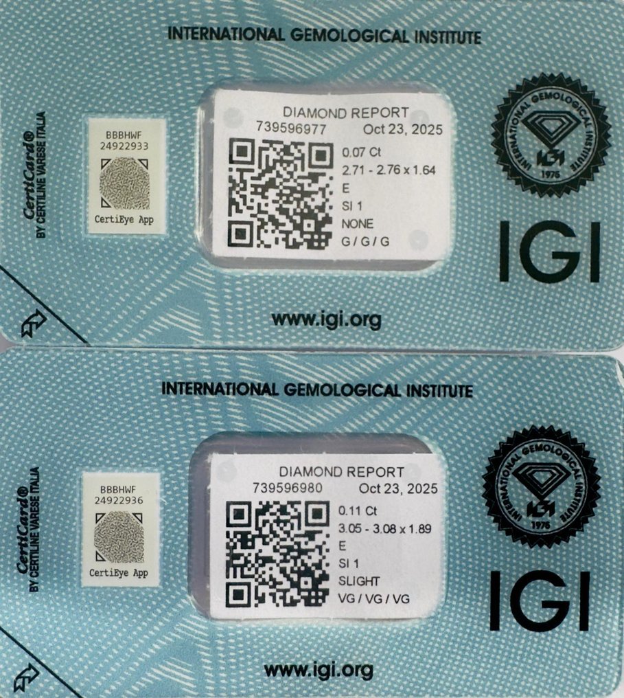 Zonder minimumprijs - 2 pcs Diamant (Natuurlijk) - 0.18 ct - Rond - E - SI1 - International Gemological Institute (IGI) - Matching Pair #1.0