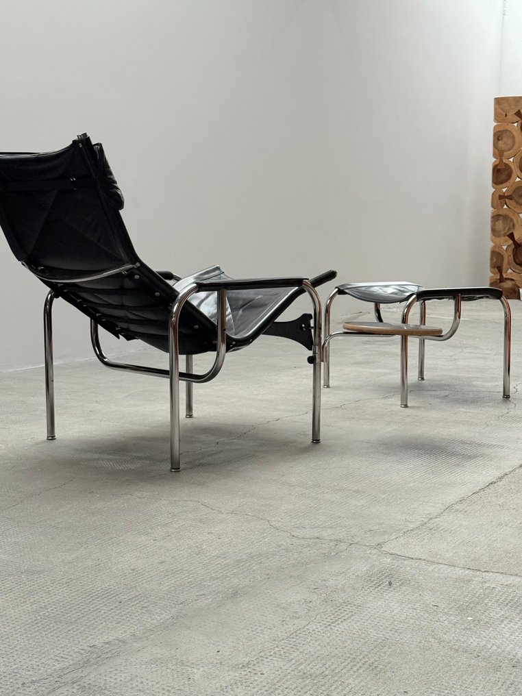 Strässle - Hans Eichenberger - 扶手椅子 - 皮革,钢管铬 - Kippsessel & Ottoman #1.0