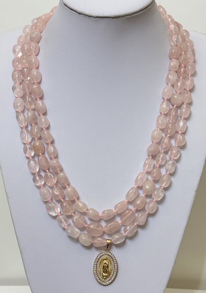 Quartzo rosa com 'Vrgin Maria'. Alta qualidade AAA. Pureza divina do santo. - Colar com pingente - Com fecho de prata 925 #1.0