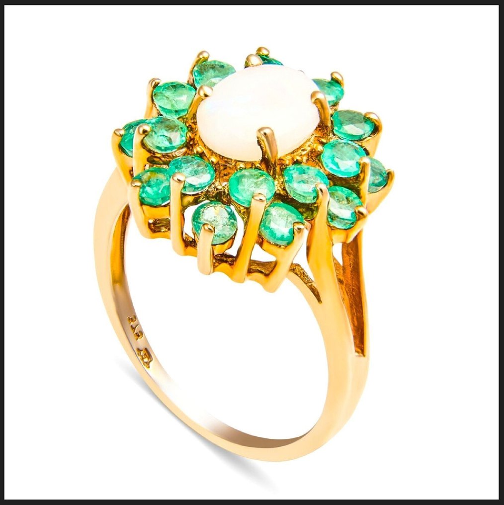 鸡尾酒戒指 - 9 kt. 黄金 -  1.39ct. tw. 蛋白石 - 祖母绿 - 独特花卉装饰艺术 #2.1