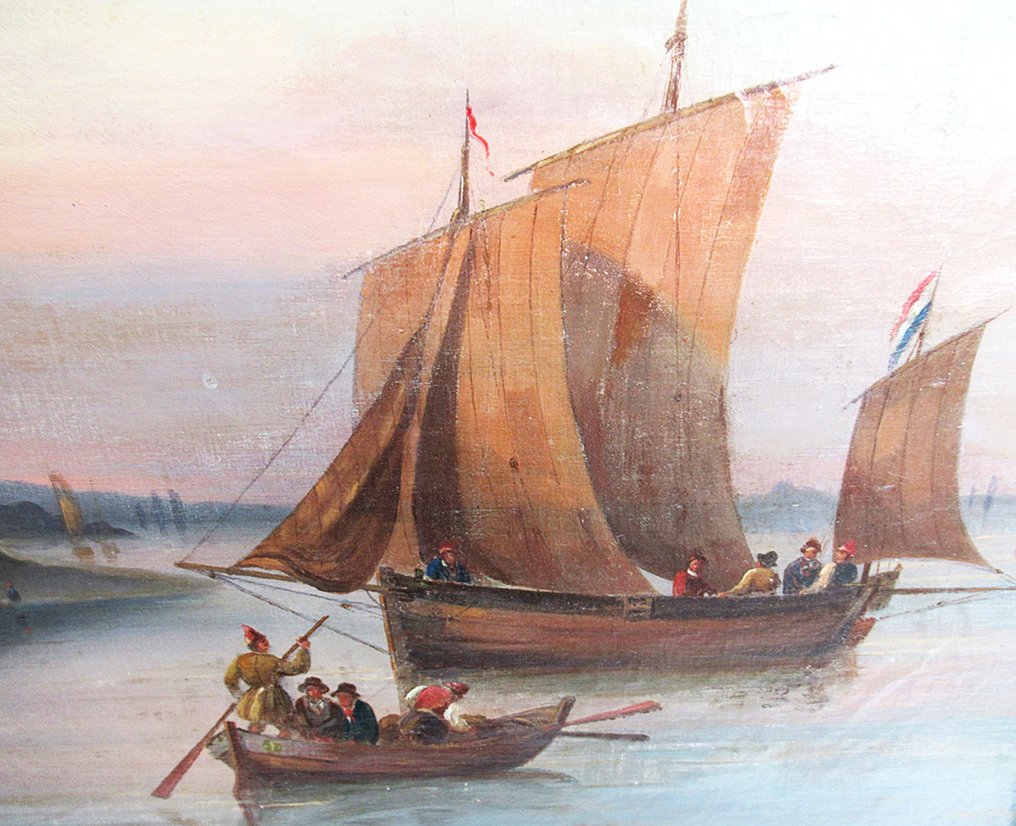 European school (XIX) - Küstenszene mit Seegelschiffen und einer Burg im Hintergrund #4.3