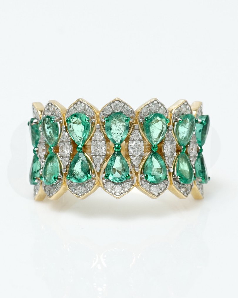 Bague tendance - 14 carats Or jaune - 2.24ct. tw. Émeraude - Diamant - Bague de mariage en cluster #1.0