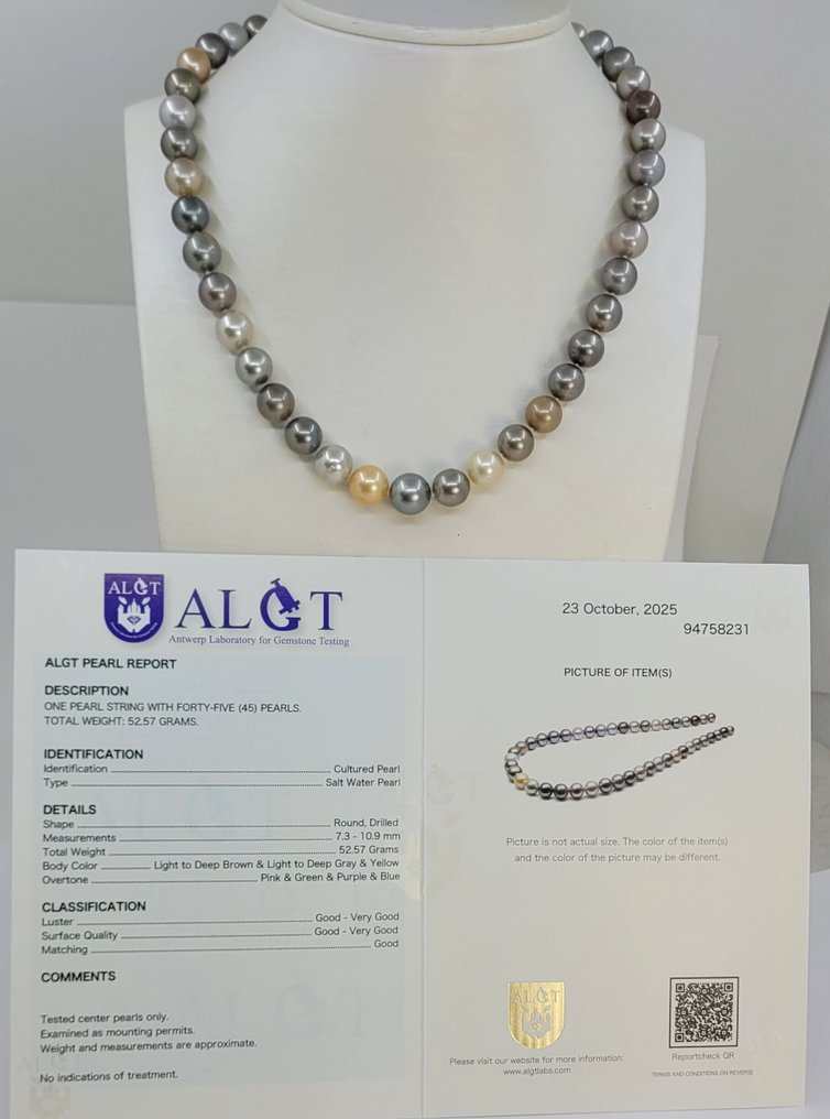 頸鏈 - 14 克拉 白金, ALGT 认证多蒂希珍珠 - 7.3x10.9毫米 #4.3