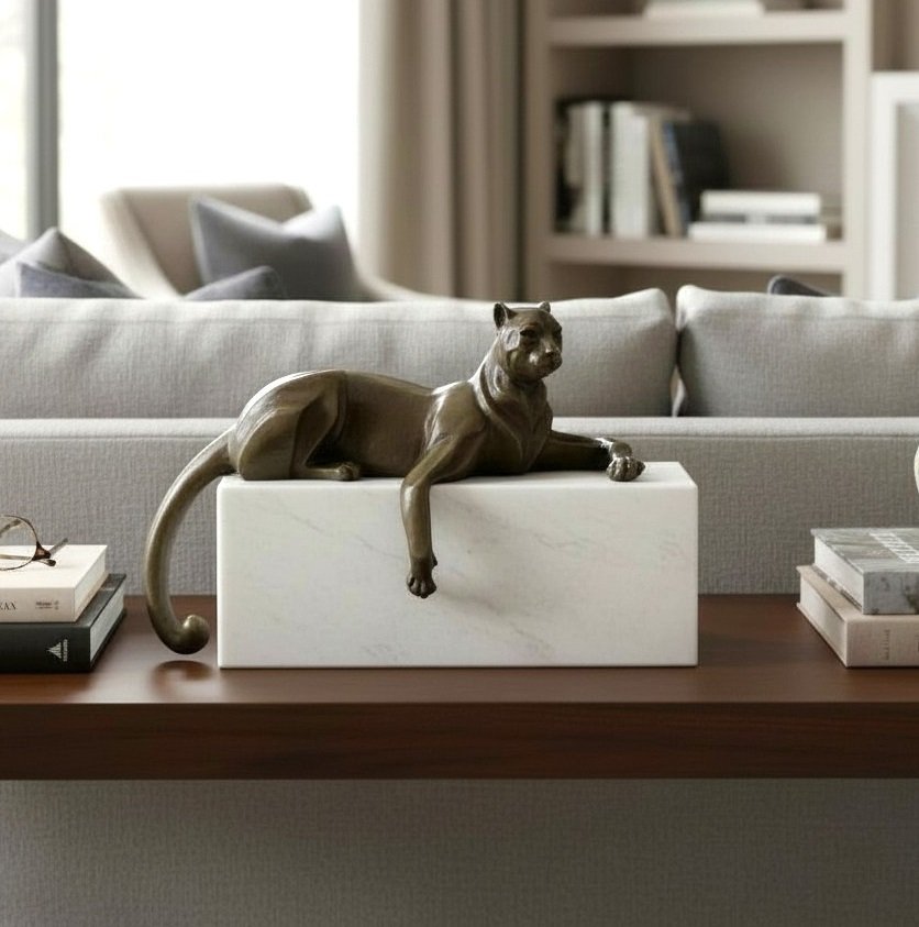 Juno - Γλυπτό, Panther in Cubist Style - 30 CM - 8.4 KG - 19 cm - Μπρούντζος, Μάρμαρο #1.0