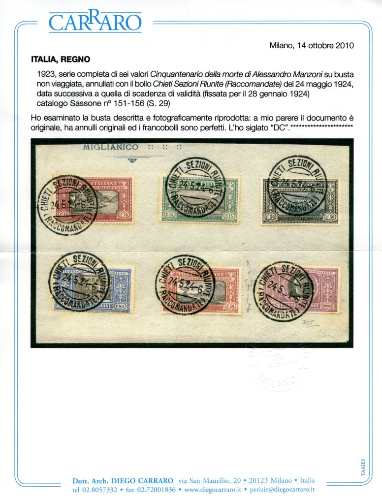 Olasz Királyság 1923 - „Manzoni” – A teljes sorozat, amit egy nem feladott borítékon használtak, 4 hónappal a postai - Sassone n. 151/156 #1.0