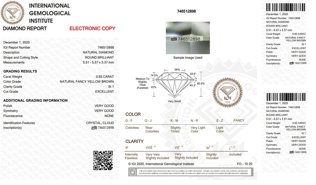 没有保留价 - 1 pcs 钻石 (天然色彩的) - 0.65 ct - 圆形 - Fancy 黄色 棕色 - SI1 微内含一级 - 国际宝石研究院(IGI) #2.1