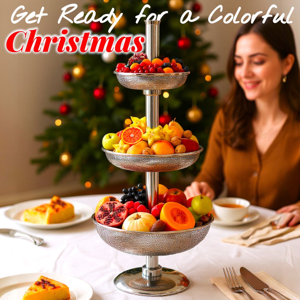 Βάση κέικ - Per Frutta e Altro - Torre Gourmet τριών ορόφων - Εκδοχή Χριστουγέννων - Ατσάλι ανοξείδωτο με γυαλιστερή επιφάνεια και διατρητά καλάθια - Αντίκες δεκαετίας του 1960. #1.0