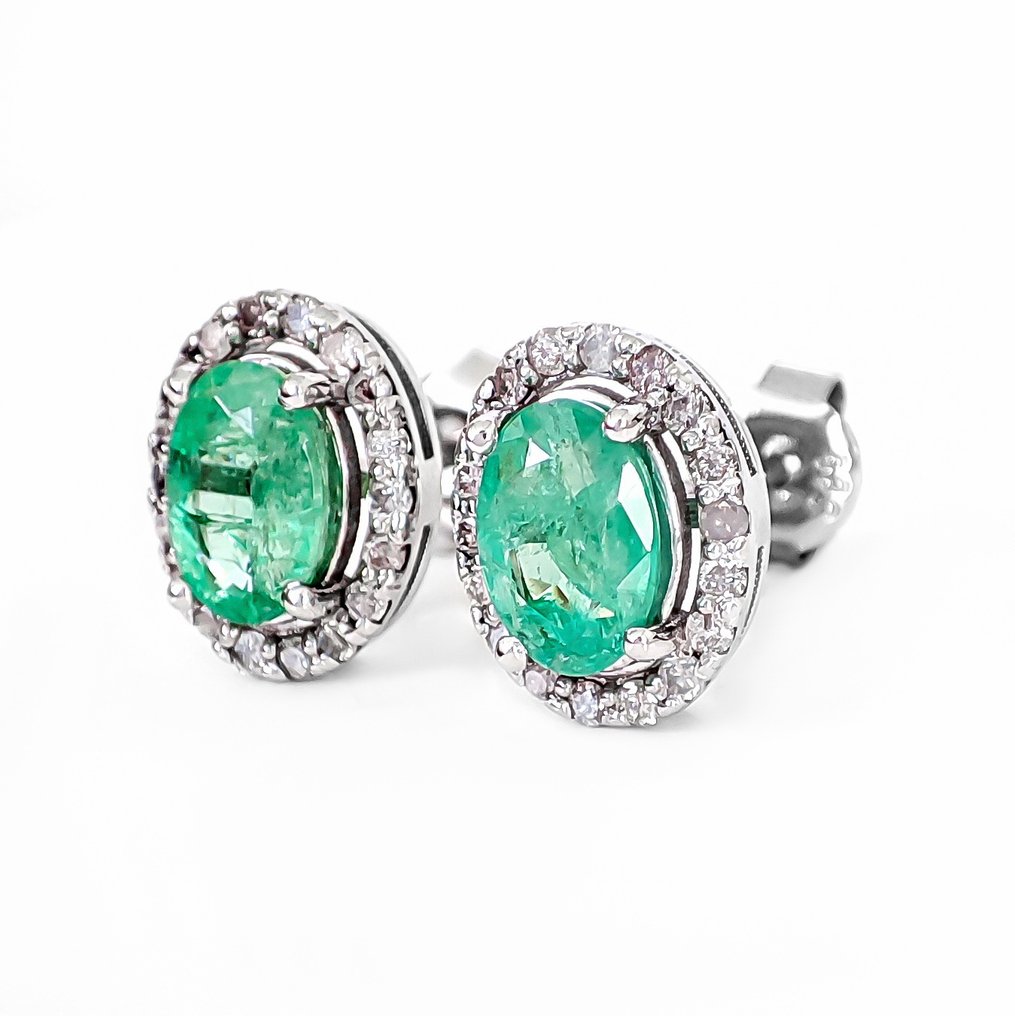 Ingen reservasjonspris - Øredobber - 14 karat Zambia, Hvitt gull - 1.82ct. tw. Smaragd - Diamant - IGI-sertifikat #1.0