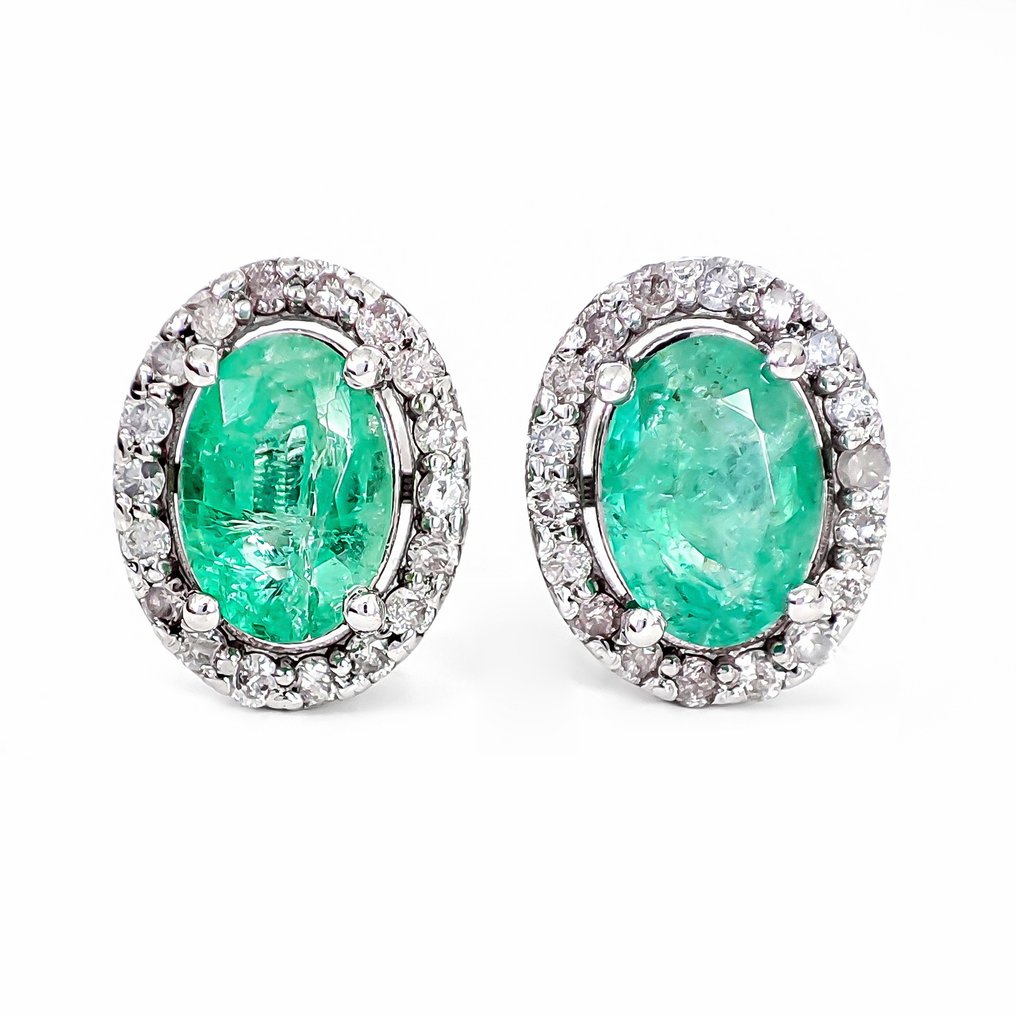 Ingen reservasjonspris - Øredobber - 14 karat Zambia, Hvitt gull - 1.82ct. tw. Smaragd - Diamant - IGI-sertifikat #1.0