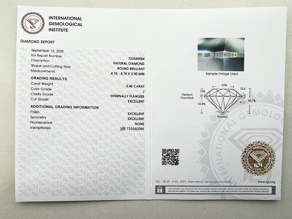 沒有保留價 - 1 pcs 鑽石 (天然) - 0.40 ct - 圓形 - J(極微黃、從正面看是亮白色) - IF - 國際寶石學院(International Gemological Institute (IGI)) #3.2