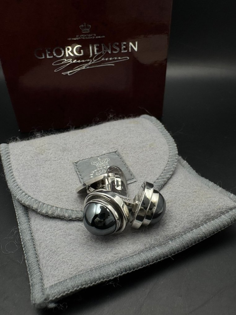 Georg Jensen - Srebro - Spinki - Hematite - pudełko i torba na kurz #1.0