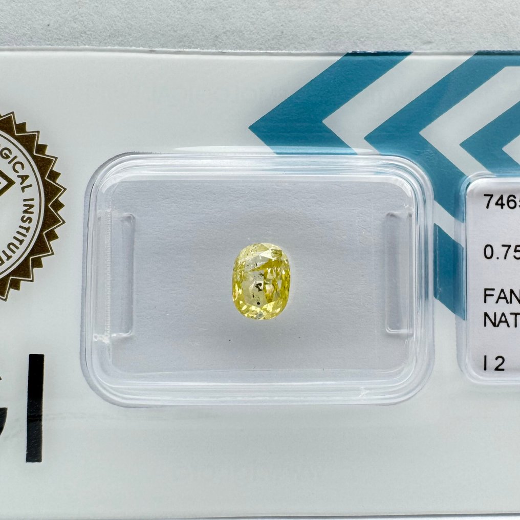 没有保留价 - 1 pcs 钻石  (天然色彩的)  - 0.75 ct - 枕形 - Fancy vivid 黄色 - I2 内含二级 - 国际宝石研究院（IGI） #3.2