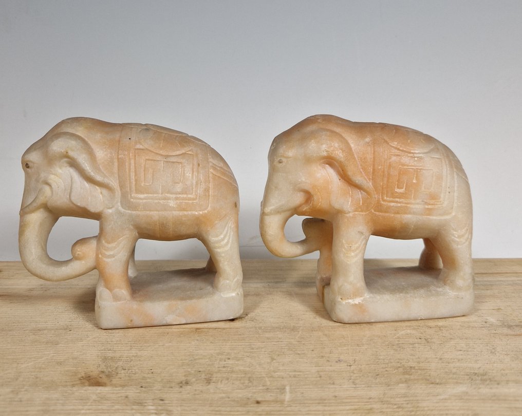Sculpture, coppia di elefanti - 10.5 cm - Marble #2.1