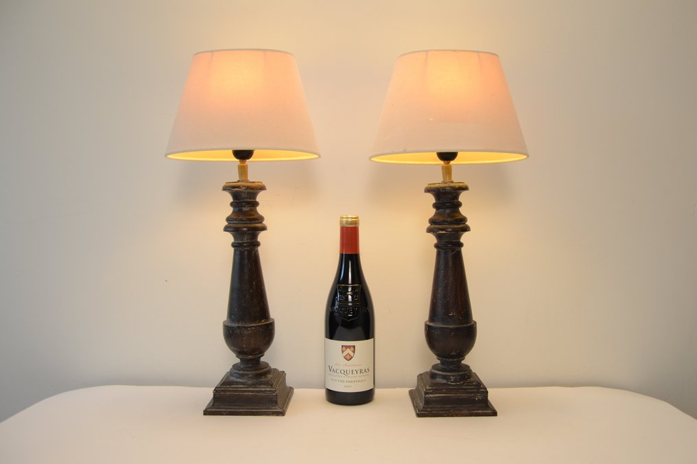 Candeeiro de mesa (2) - Par de luminárias de mesa rurais - Madeira, Linho #1.0