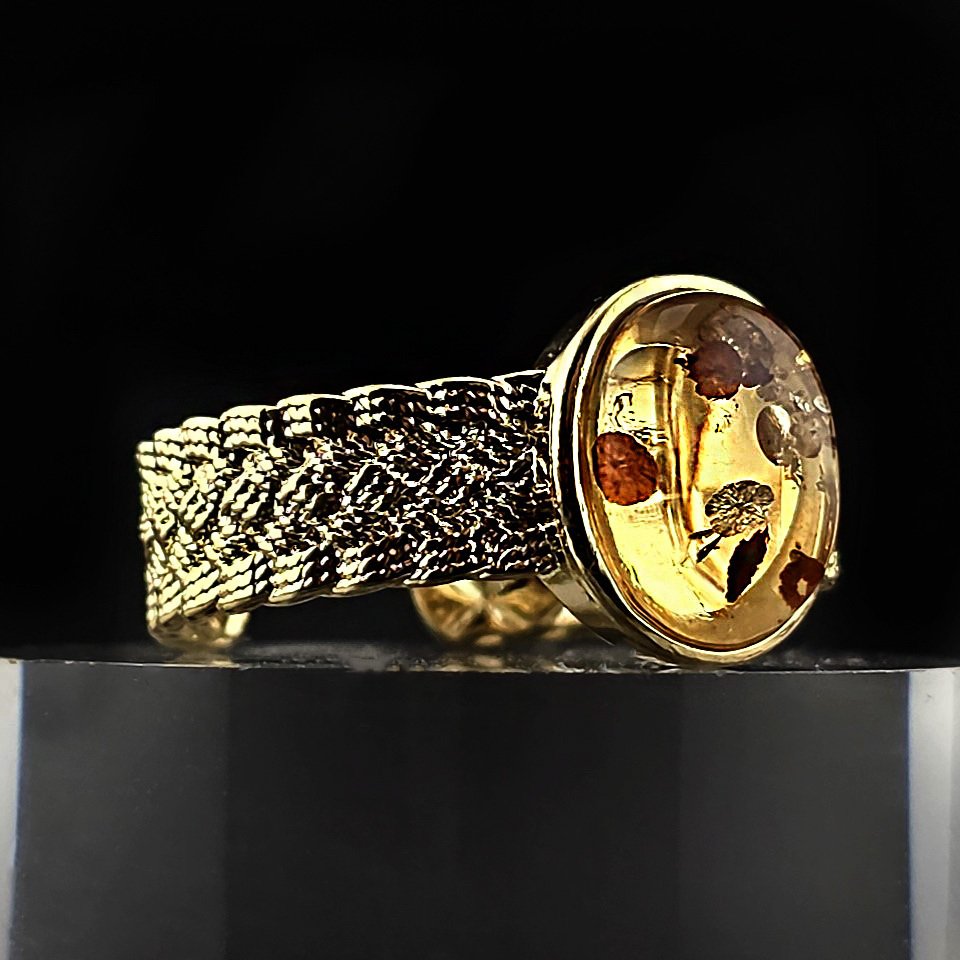 独家波罗的海琥珀戒指——纹理银925金色调带——琥珀的古老温暖 - 琥珀  (没有保留价) #1.0