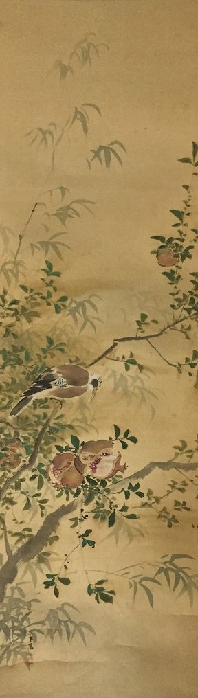 Bird and pomegranate / Japanese Vintage Hanging Scroll KAKEJIKU / Silk / Hand Painted - Signed - 日本 (沒有保留價) #2.1