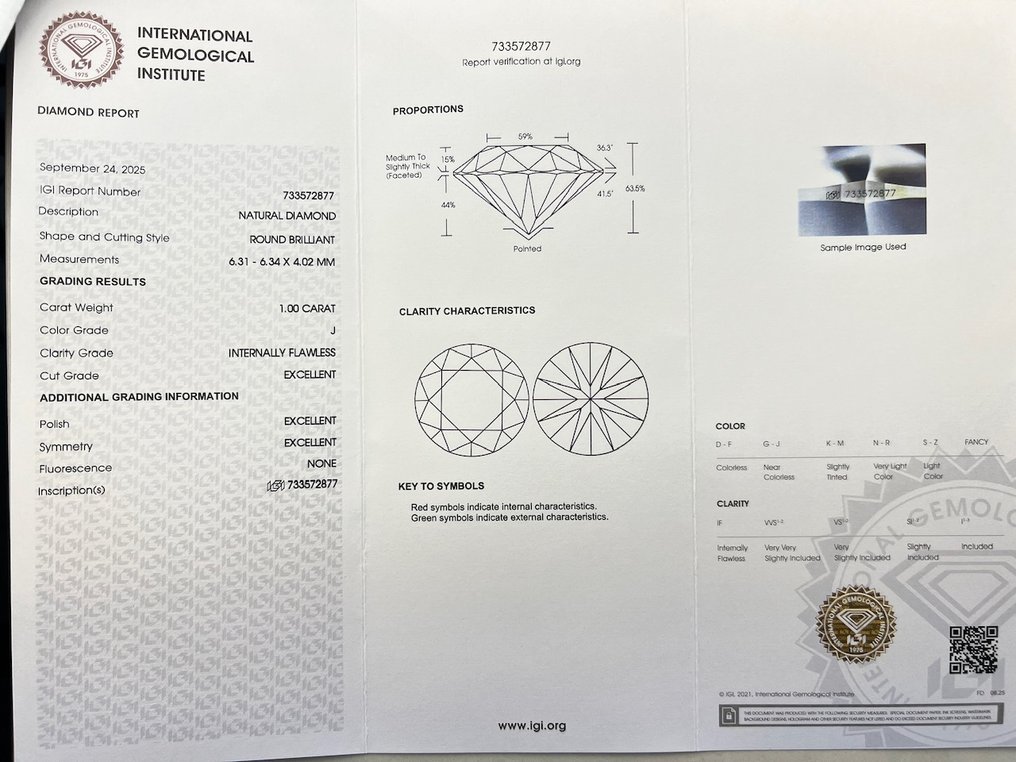 沒有保留價 - 1 pcs 鑽石 (天然) - 1.00 ct - 圓形 - J(極微黃、從正面看是亮白色) - IF - 國際寶石學院(International Gemological Institute (IGI)) #3.2