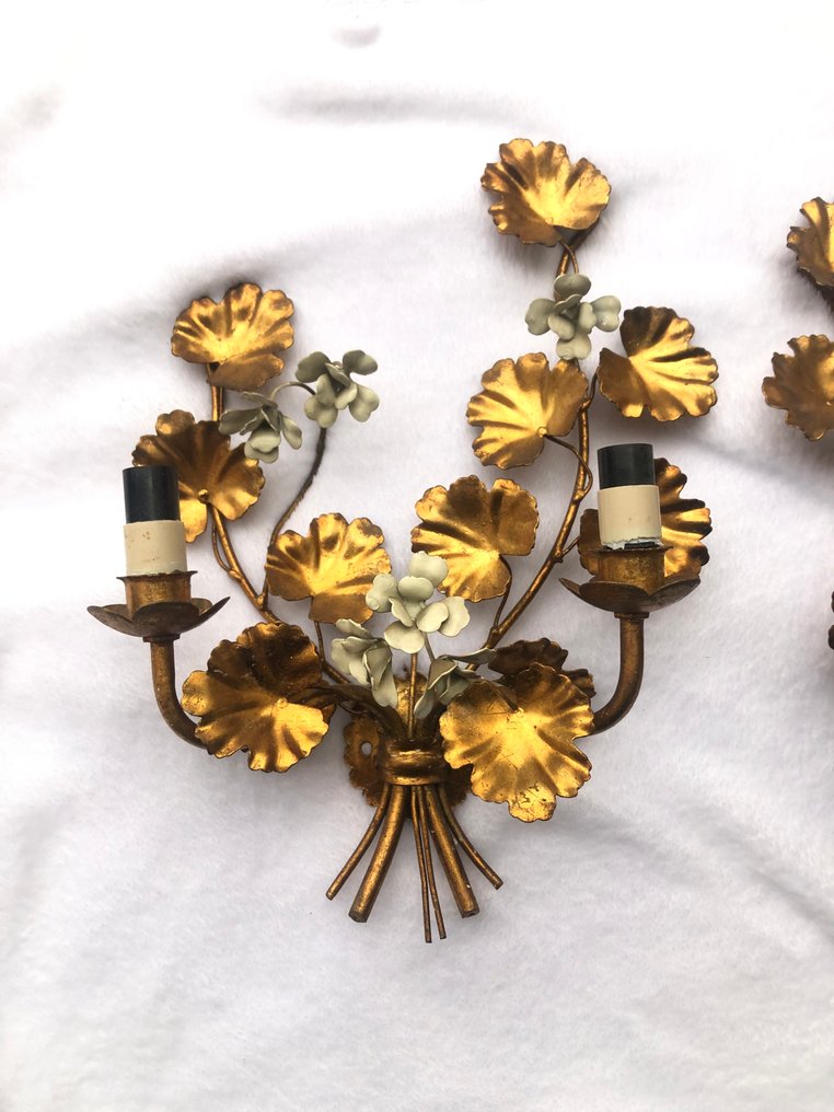 Wandlamp - metal dore - Paar wandlampen met bloemendecor. #1.0