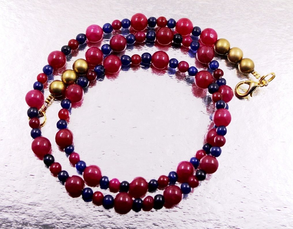 非常漂亮的项链,手工制作的红宝石和蓝宝石圆珠 - 198克拉。 珠宝- 39.6 g - (1) #4.3