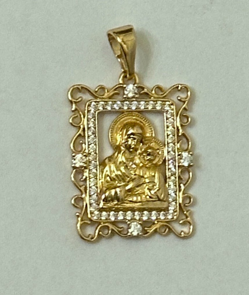 孔雀石（14毫米），非常大，带有“圣母玛利亚与圣婴耶稣”的图像。高品质。 - 吊坠项链 - 925纯银扣子。 #3.2