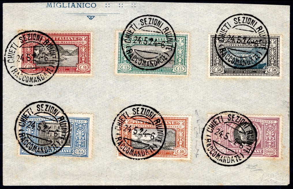 Olasz Királyság 1923 - „Manzoni” – A teljes sorozat, amit egy nem feladott borítékon használtak, 4 hónappal a postai - Sassone n. 151/156 #1.0