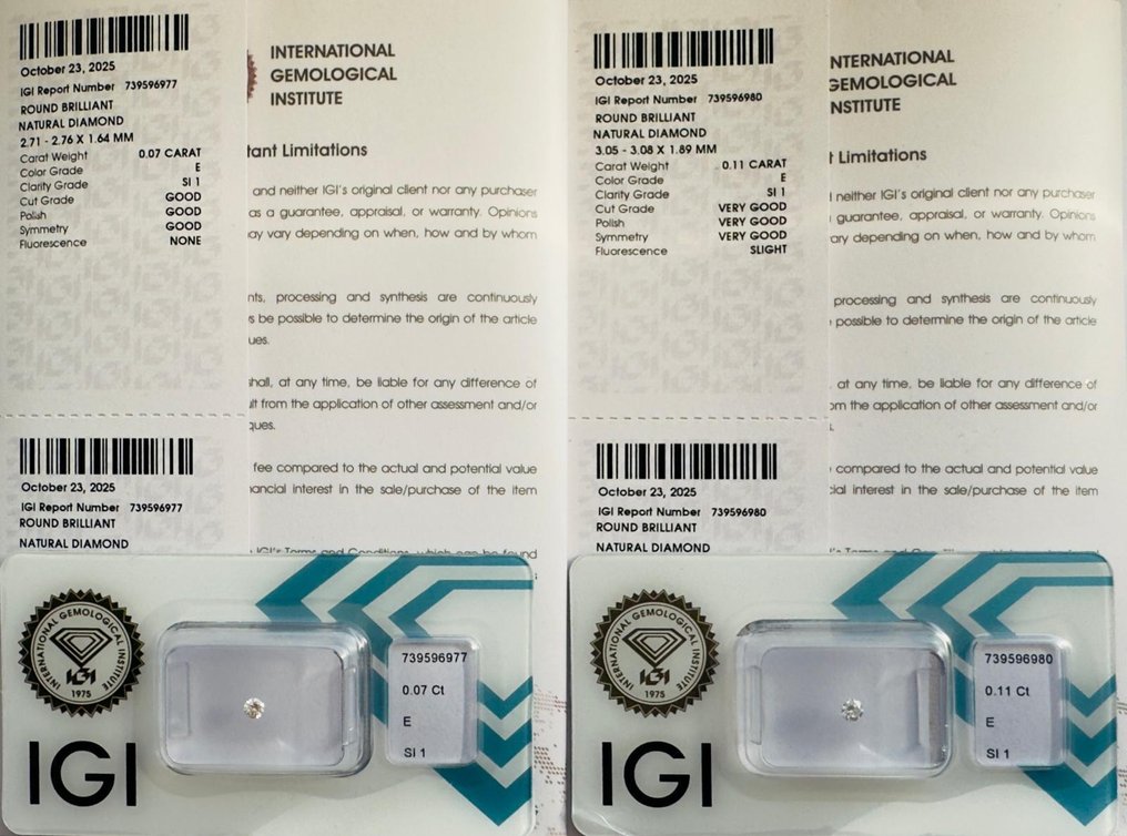 Zonder minimumprijs - 2 pcs Diamant (Natuurlijk) - 0.18 ct - Rond - E - SI1 - International Gemological Institute (IGI) - Matching Pair #2.1