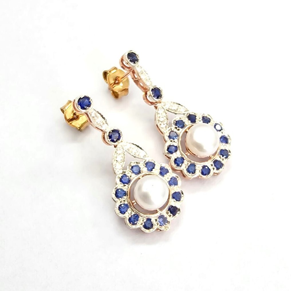 没有保留价 - 耳环 - 9 kt. 玫瑰金, 银 蓝宝石 - 钻石 #1.0