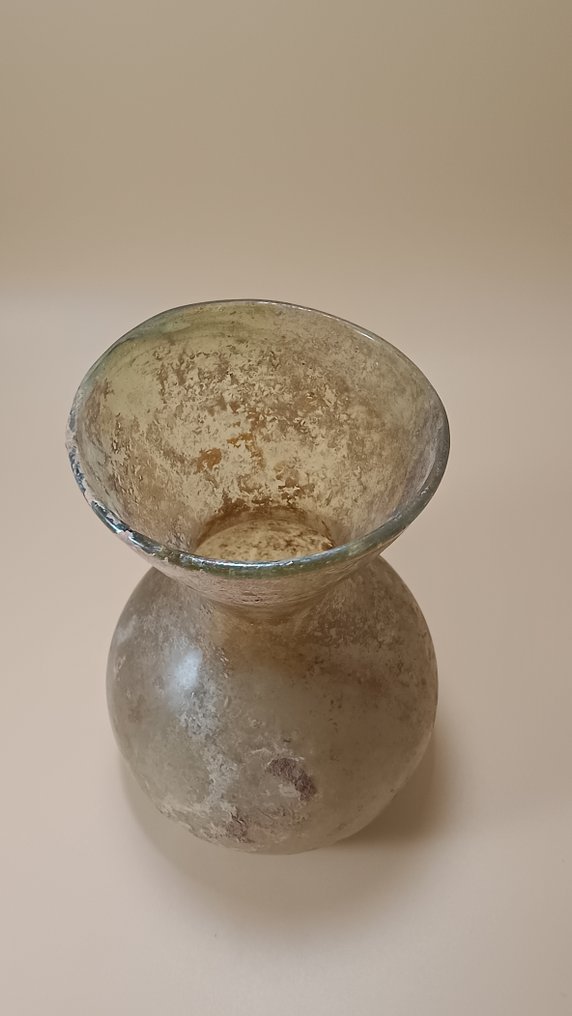 Αρχαία Ρωμαϊκή Ρωμαϊκό γυάλινο μπουκάλι με αυξανόμενο λαιμό. #4.3