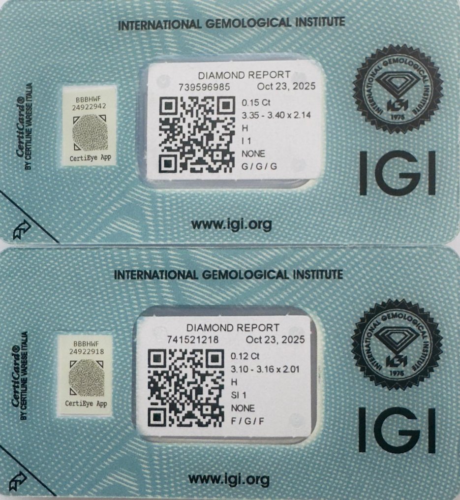 χωρίς τιμή ασφαλείας - 2 pcs Διαμάντι (Φυσικό) - 0.27 ct - Στρογγυλό - H - I1, SI1 - International Gemological Institute (IGI) - Ζεύγος #1.0