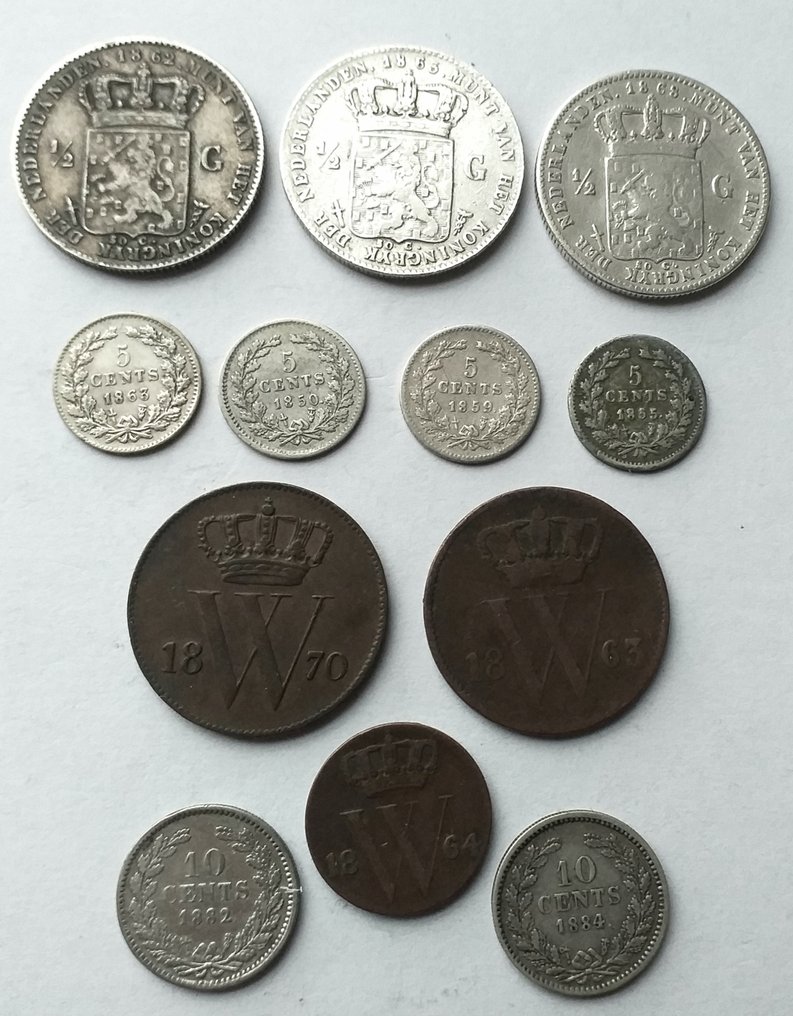 Nederland. 1/2 Cent t/m 1/2 Gulden 1850/1884 Willem III (12 verschillende) waaronder zilver (Zonder minimumprijs) #1.0