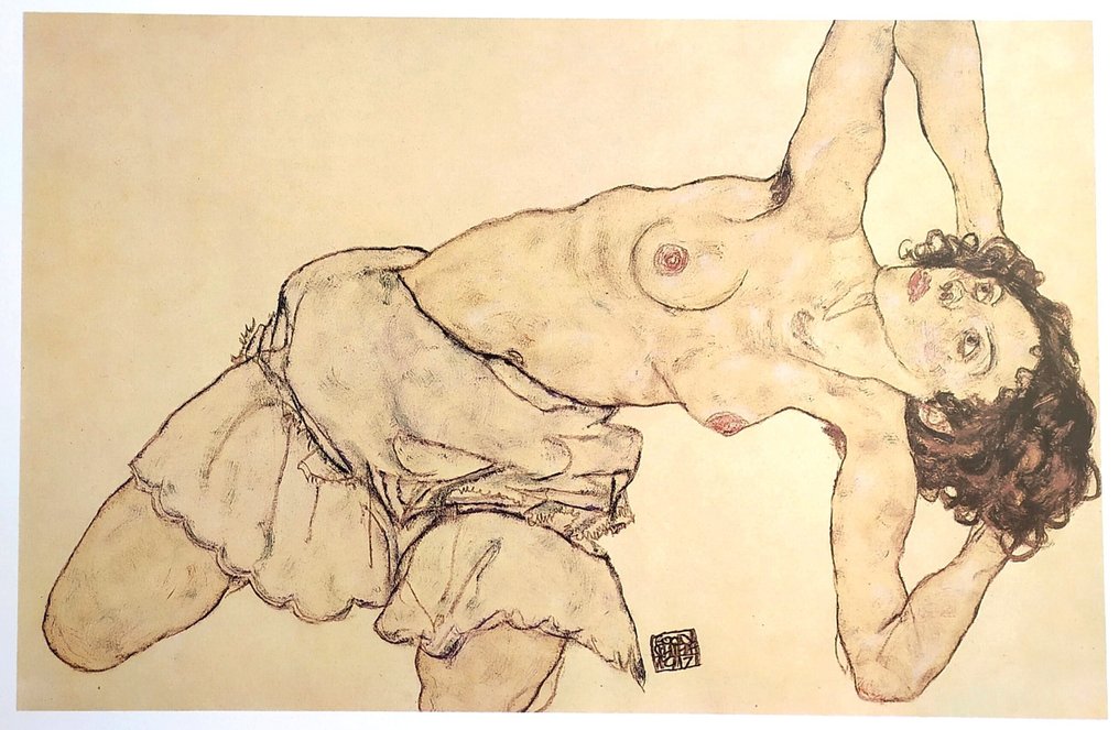 Egon Schiele - Knielende, Halfnaakte Vrouw, Naar Links Gebogen 1917 #1.0
