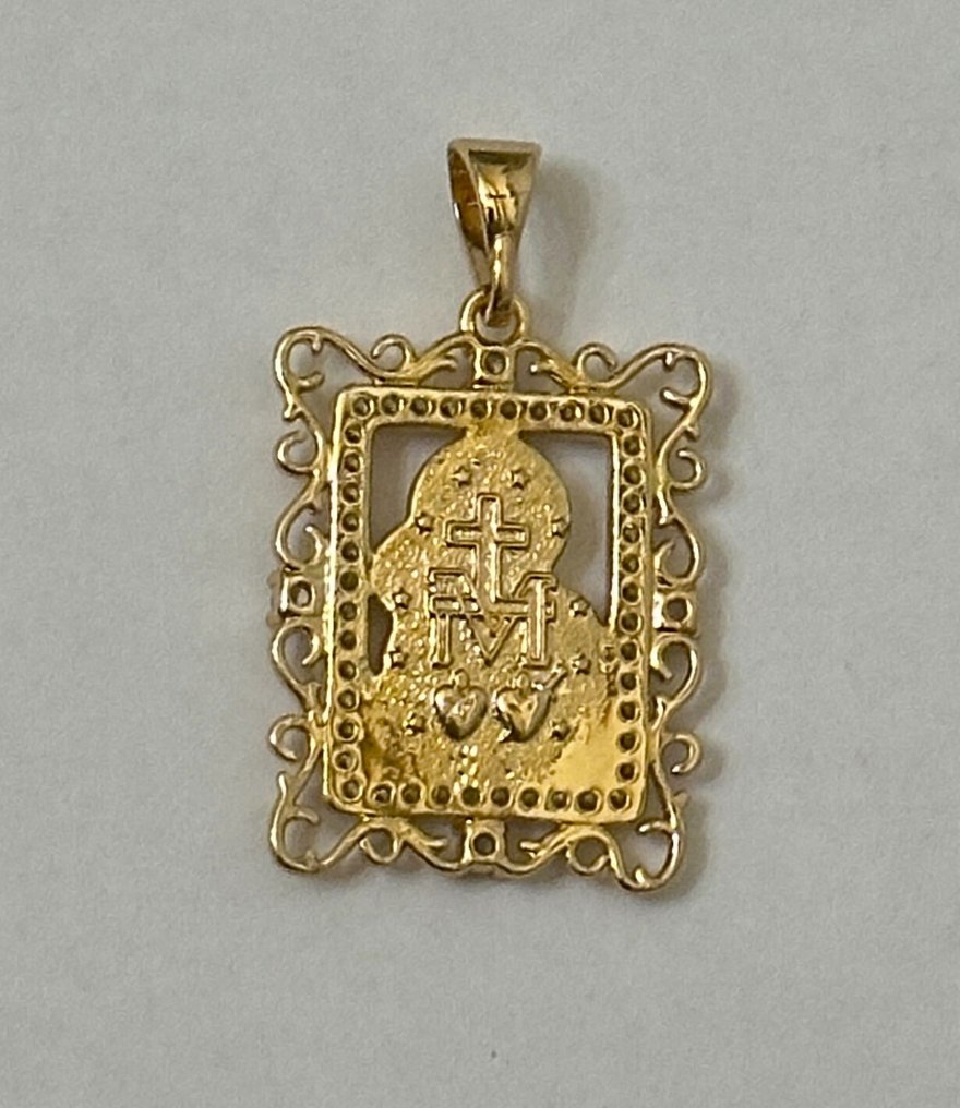 孔雀石（14毫米），非常大，带有“圣母玛利亚与圣婴耶稣”的图像。高品质。 - 吊坠项链 - 925纯银扣子。 #4.3