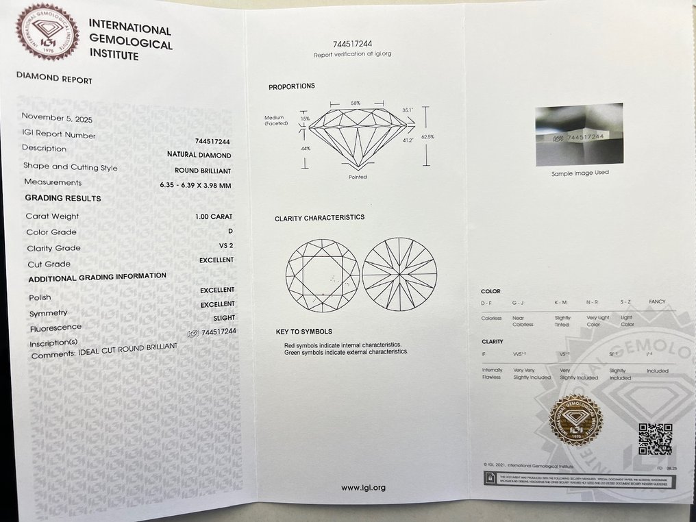 没有保留价 - 1 pcs 钻石  (天然)  - 1.00 ct - 圆形 - D (无色) - VS2 轻微内含二级 - 国际宝石研究院（IGI） #3.2