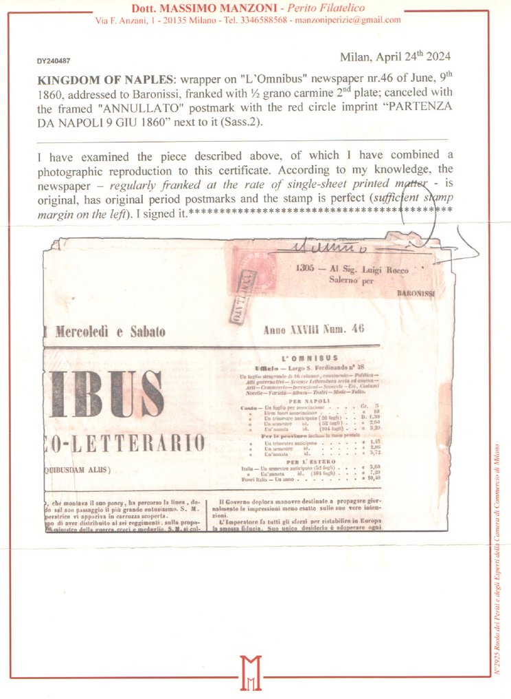 Αρχαία ιταλικά κράτη - Νάπολη 1858 - Sassone 2 σε ολόκληρη την εφημερίδα. #3.2