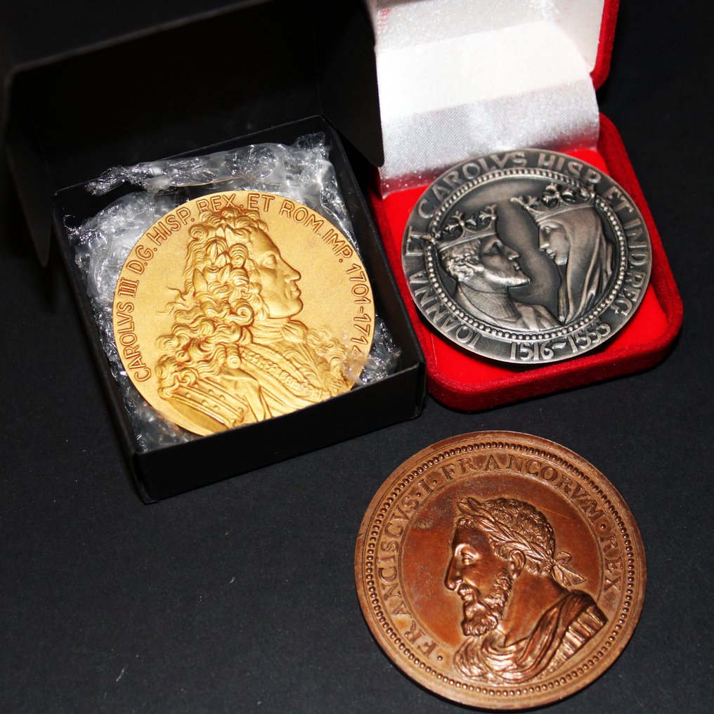 西班牙, 法国, 德国. Lotto di 3 splendide medaglie commemorative del XX sec., a tema storico #1.0