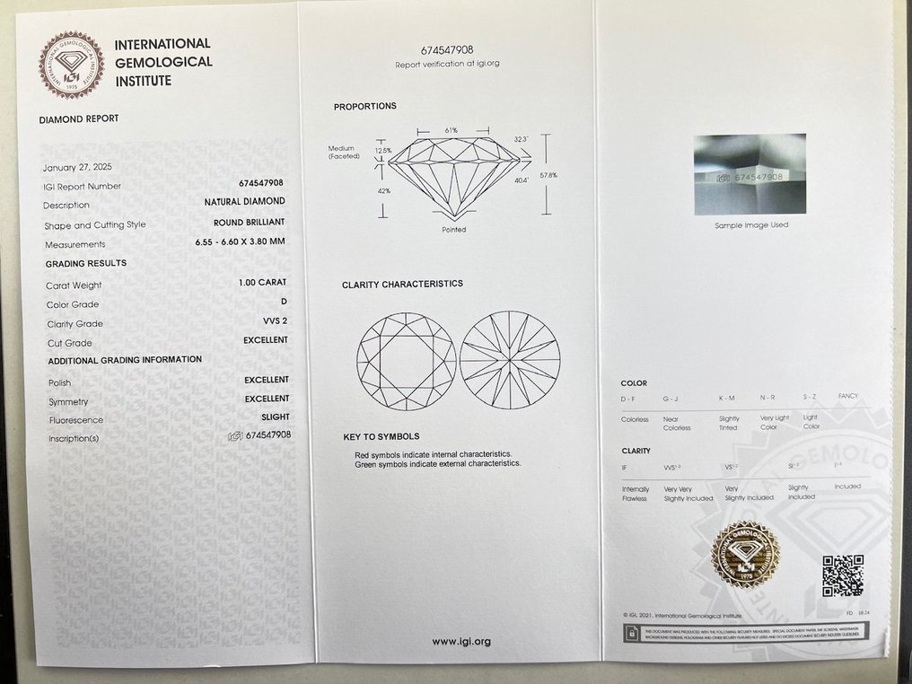 1 pcs 鑽石 (天然) - 1.00 ct - 圓形 - D (無色) - VVS2 - 國際寶石學院(International Gemological Institute (IGI)) #2.1