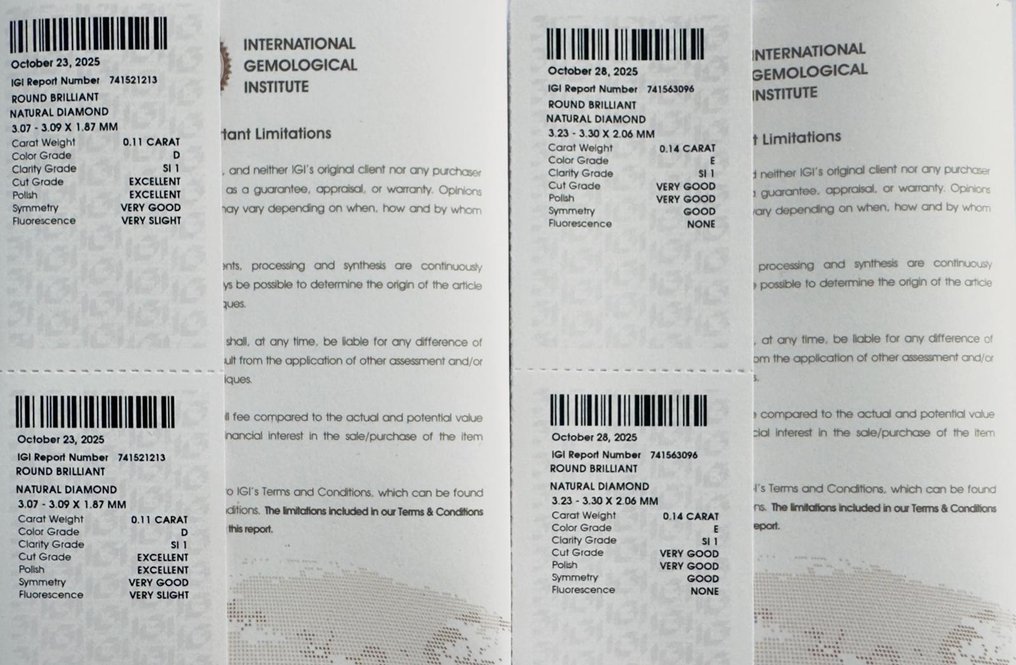 Ingen reservasjonspris - 2 pcs Diamant (Naturlig) - 0.25 ct - Rund - D (fargeløs), E - SI1 - Det internasjonale gemologiske institutt (IGI) - *Pair* #3.2