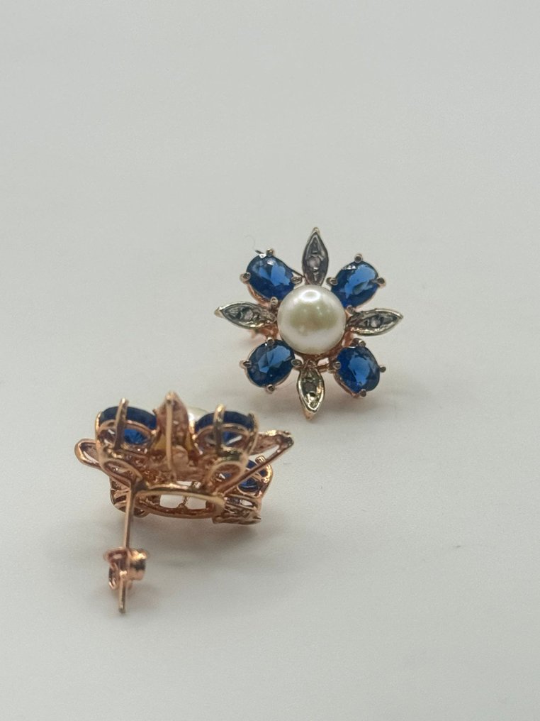 沒有保留價 - 耳環 - 9 節 銀, 玫瑰金 藍寶石 - 珍珠 #3.2