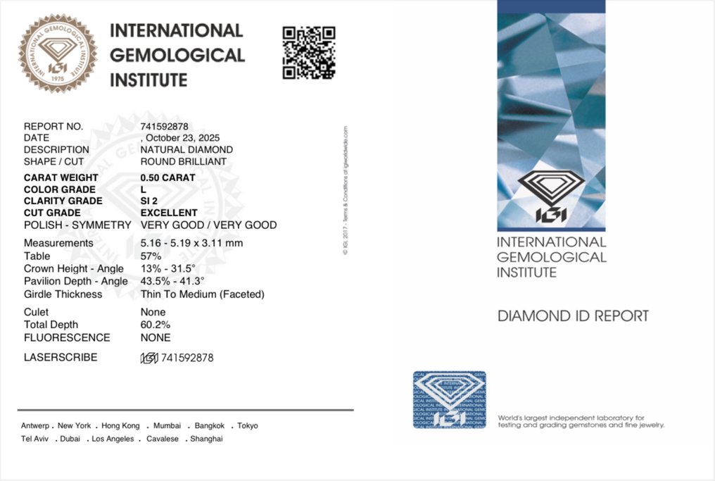 没有保留价 - 1 pcs 钻石  (天然)  - 0.50 ct - 圆形 - L - SI2 微内含二级 - 国际宝石研究院（IGI） #4.3